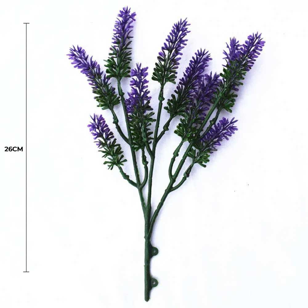 Artificial lavender branch with purple flowers on a white background, showing measurement of 26cm.