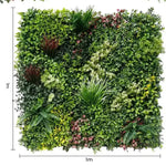 Artificial green wall panel with various green plants and dimensions indicated.