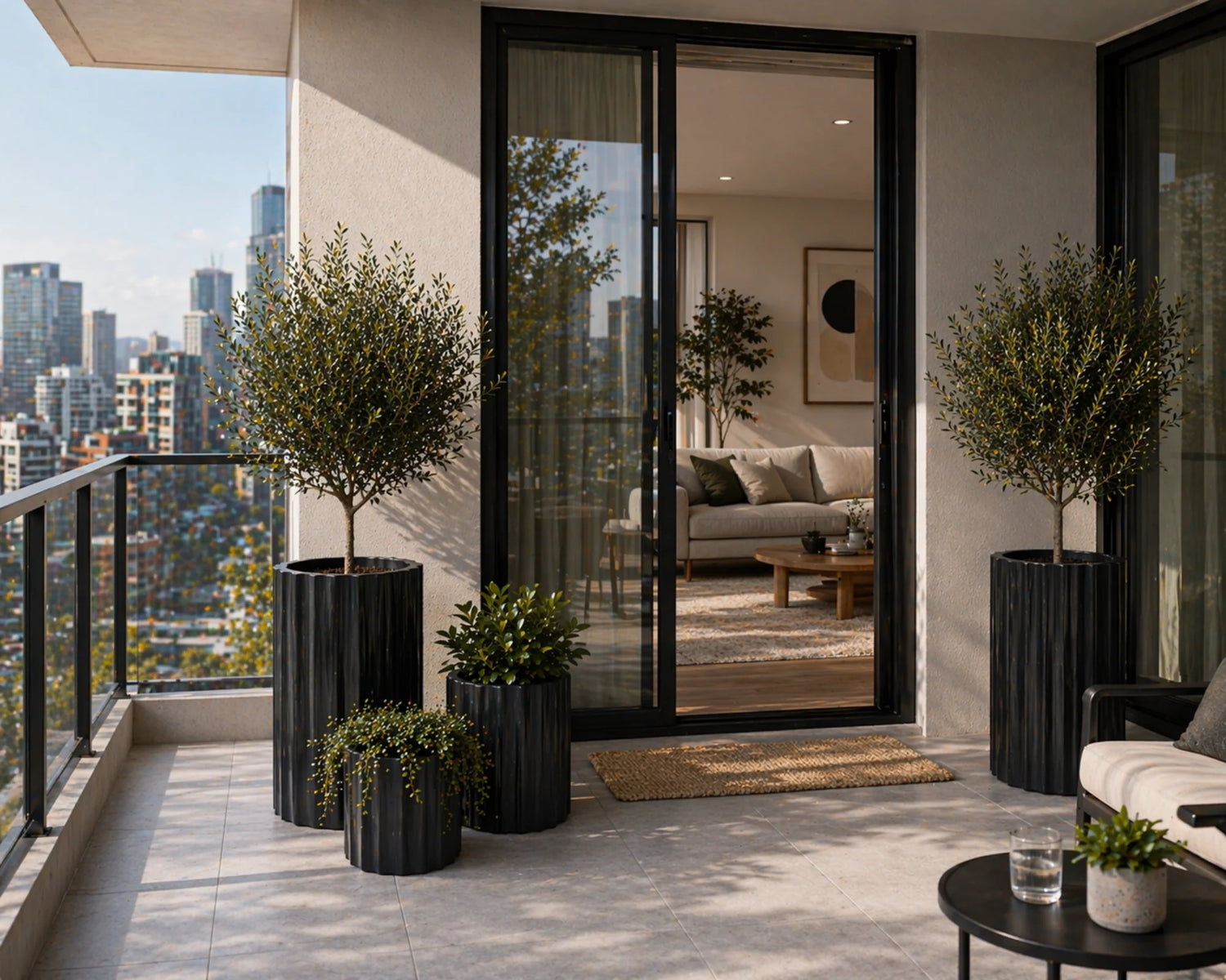 Modern patio with city skyline view, potted plants, and a glass door leading to a living room.