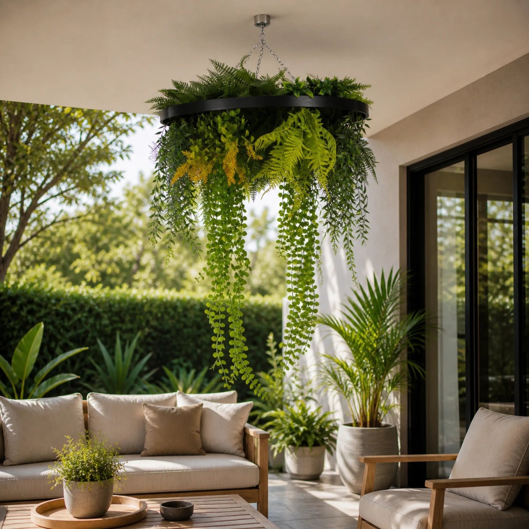 Outdoor patio with a hanging plant chandelier, sofa, and chairs.
