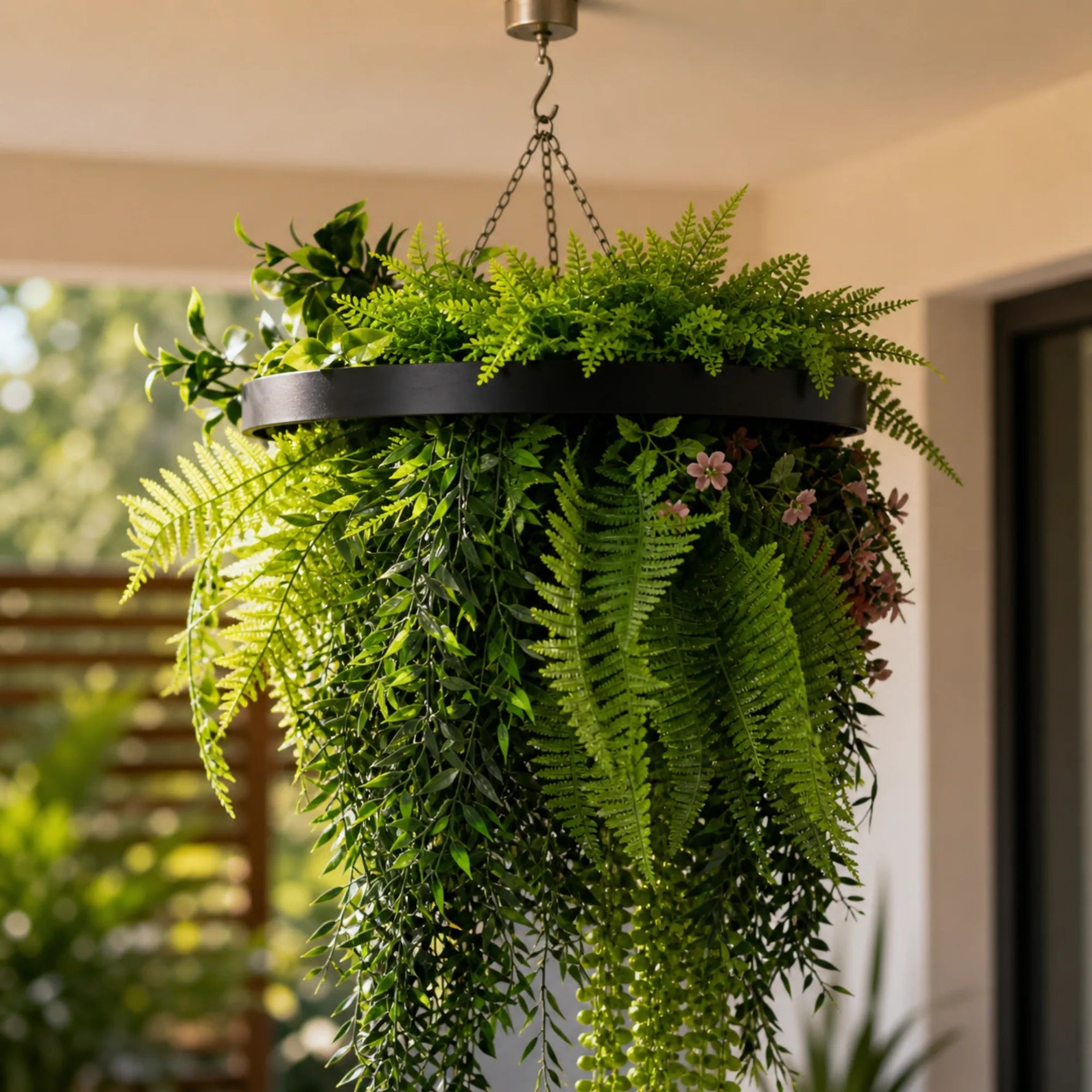 Hanging fern plant in a pot with a blurred background