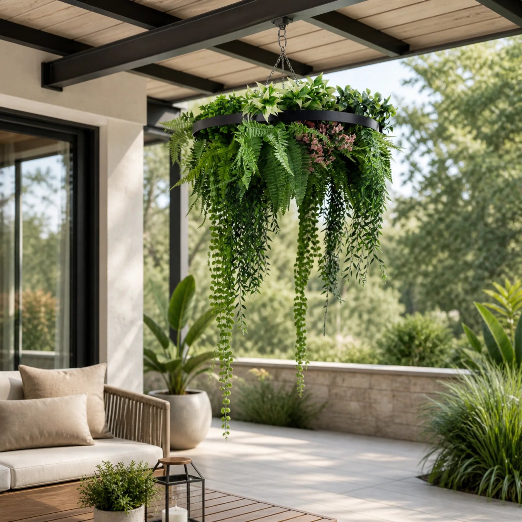 Hanging green plant in a modern outdoor setting with a couch and garden view.