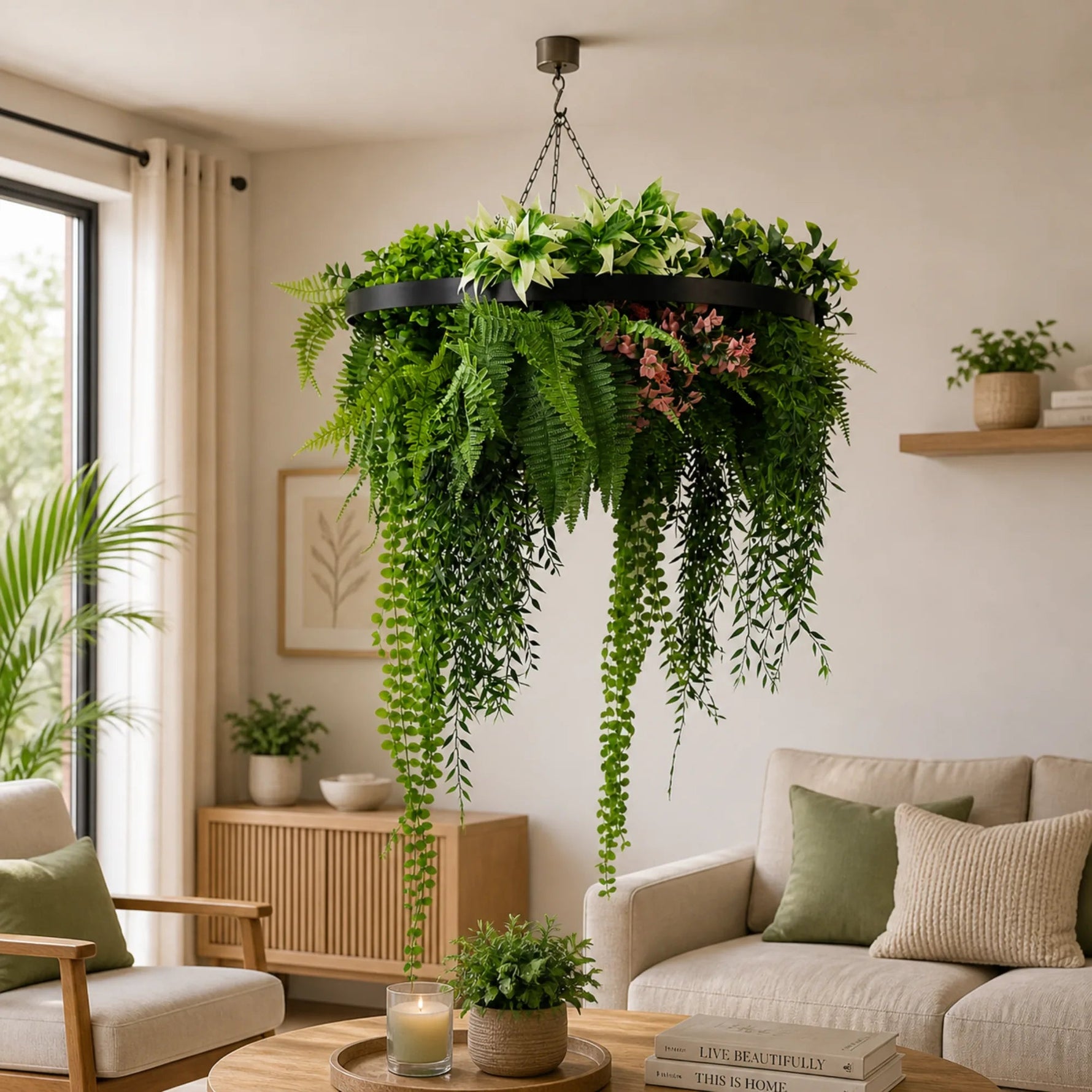 Hanging plant display in a living room with a couch and coffee table.