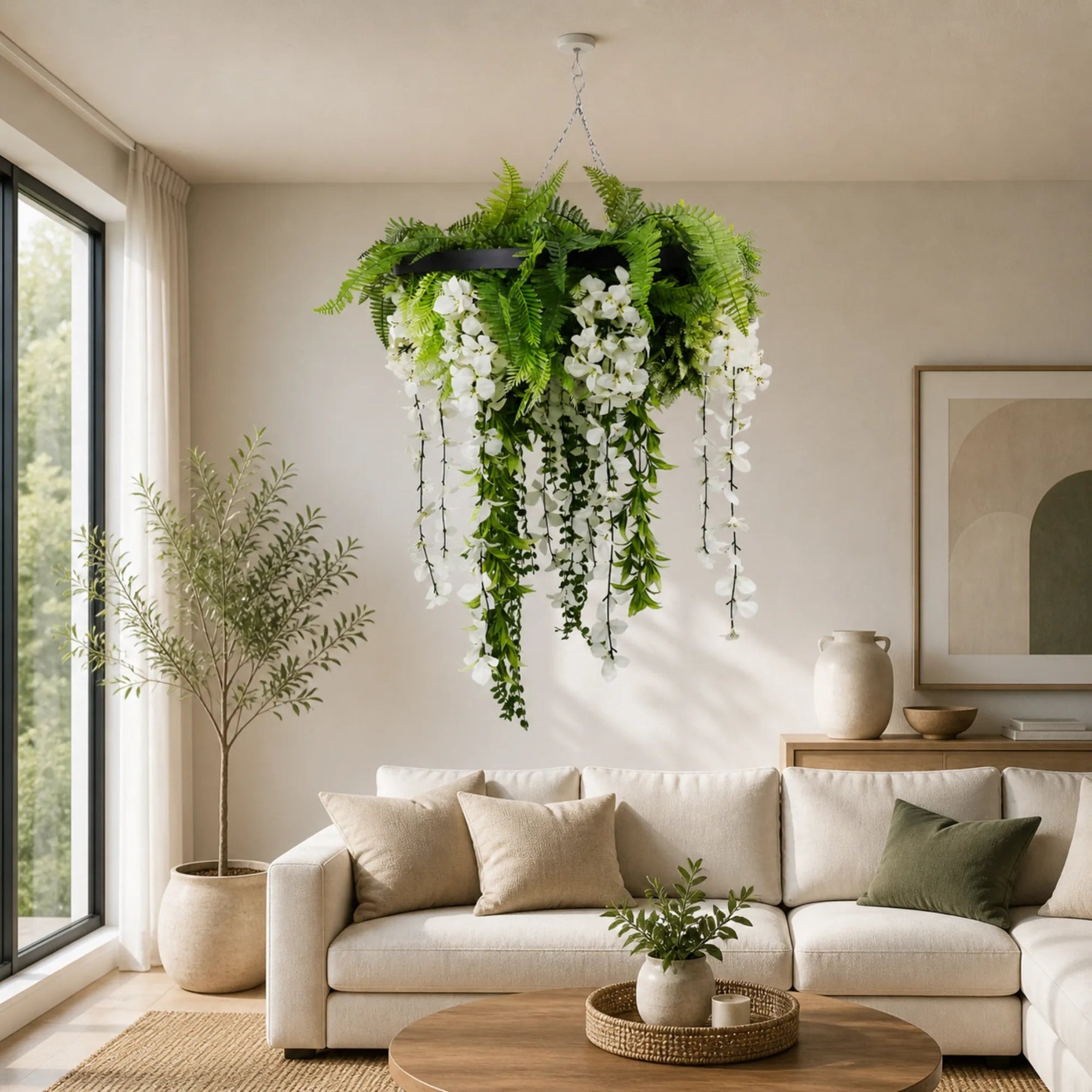 Living room with a beige sofa, hanging plants, and a vase on a table.