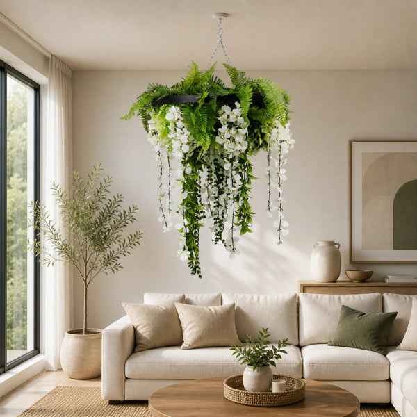 Black Artificial Hanging Wisteria Disc Chandelier with Trailing Blooms — 60cm UV Resistant — gallery image 5