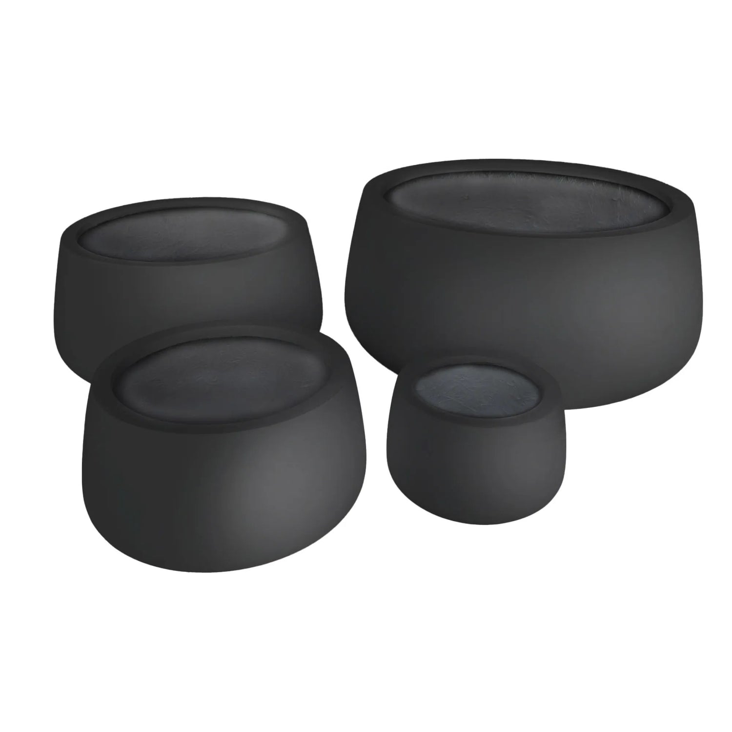 Set of four black stone-like stools on a white background