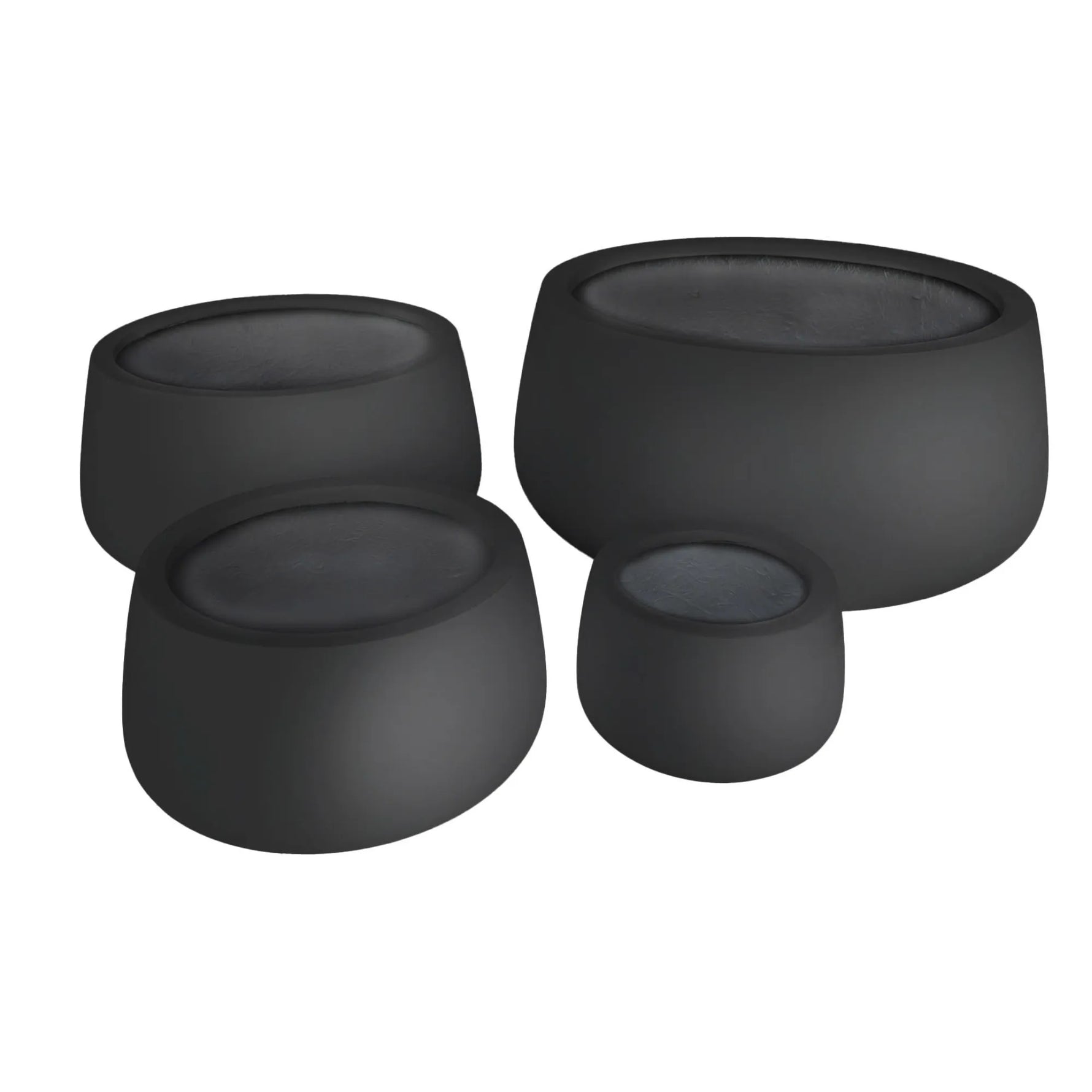Set of four black stone-like stools on a white background