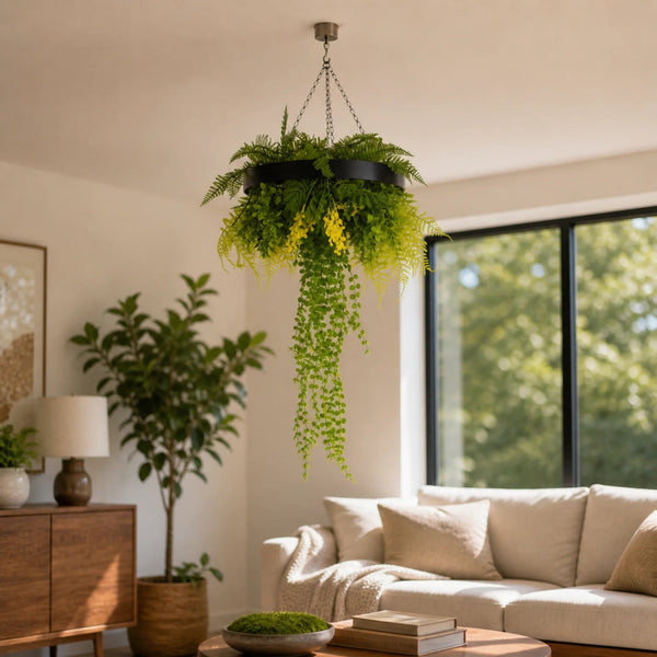 Black Artificial Hanging Plant Disc Chandelier with Dense Trailing Greenery — 40cm — gallery image 9