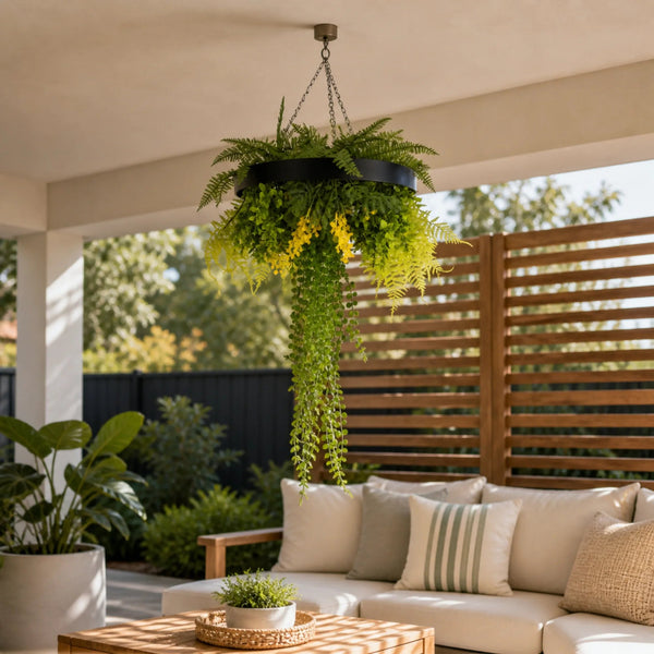 Black Artificial Hanging Plant Disc Chandelier with Dense Trailing Greenery — 40cm — gallery image 8
