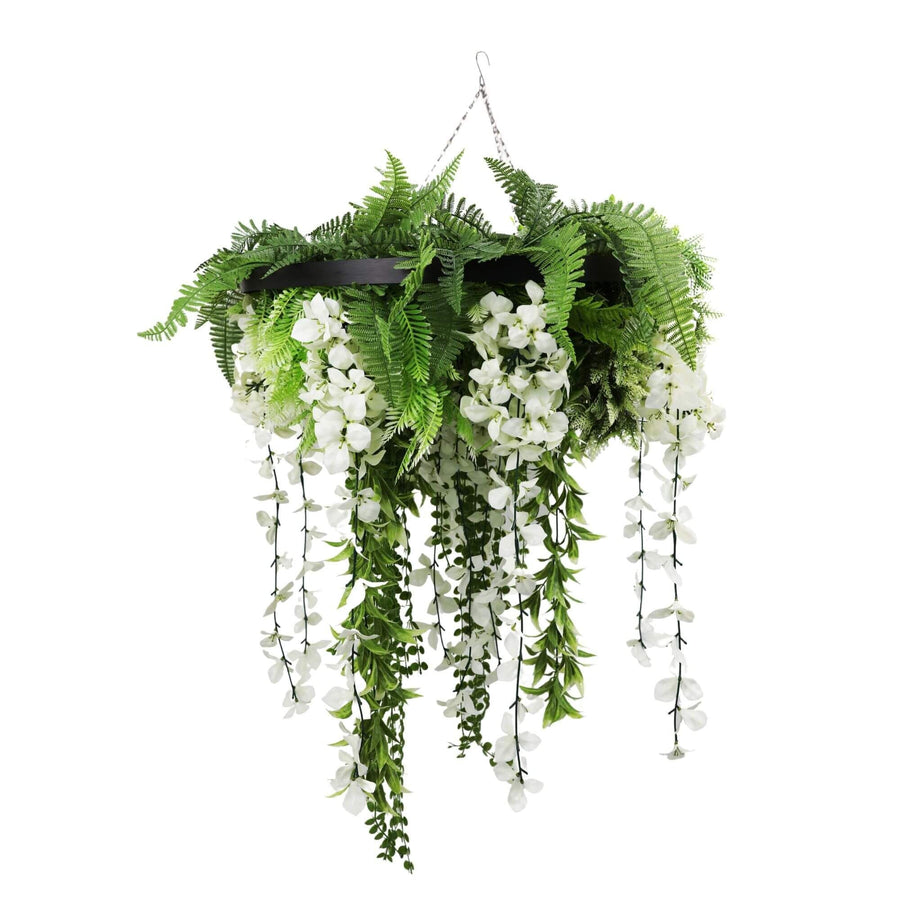 Black Artificial Hanging Wisteria Disc Chandelier with Trailing Blooms — 60cm UV Resistant