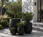 Black planters with green plants on a patio area outside a house.