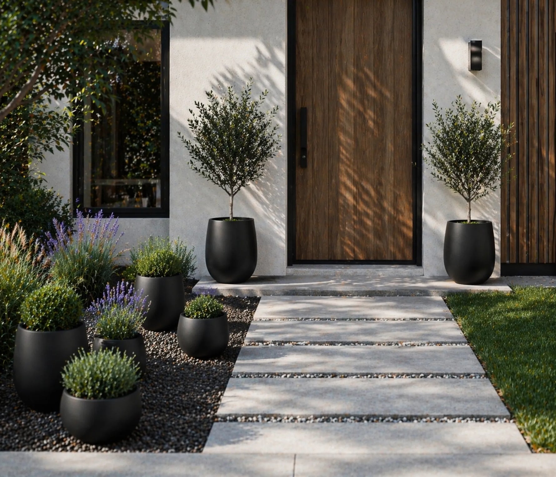 Modern front door with black planters and decorative plants on a stone pathway.