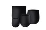 Set of five black ceramic pots on a white background