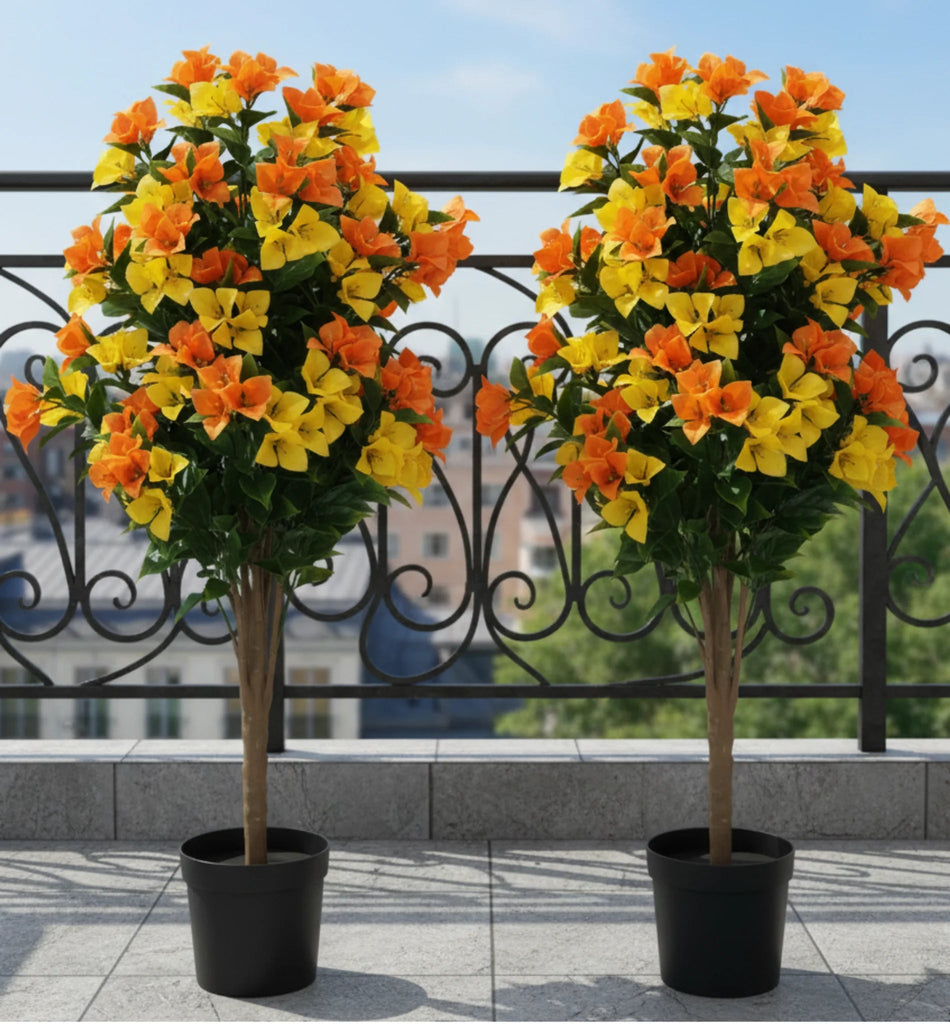 90cm UV Resistant Artificial Bougainvillea Tree | Yellow & Orange Faux Flowering Plant for Outdoor & Indoor