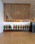 Restaurant interior with wooden wall panel and decorative plants.