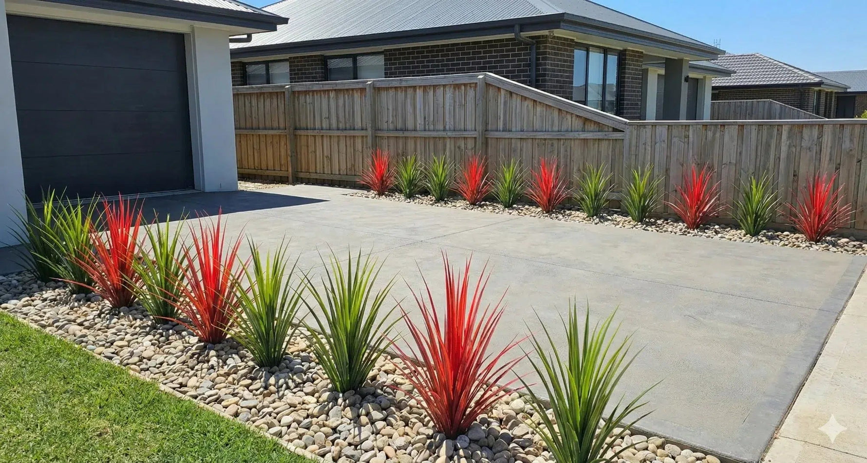 Red and green plants in a garden bed with a driveway and house in the background