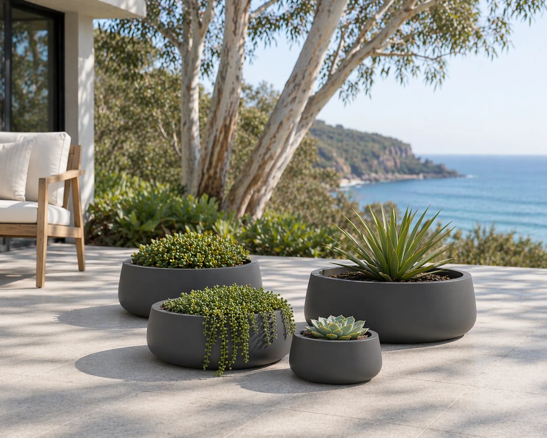 Potted plants on a patio with ocean view