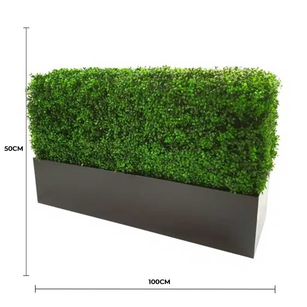 Rectangular planter with artificial greenery and dimensions on a white background
