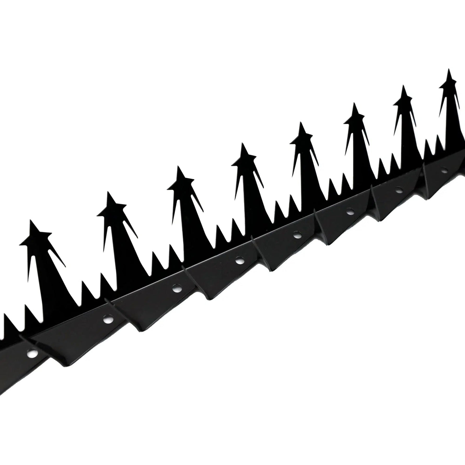 Black hedge trimmer blade with arrow-shaped teeth on a white background