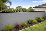 Neatly maintained garden with a concrete wall, grass, and shrubs on a clear day.