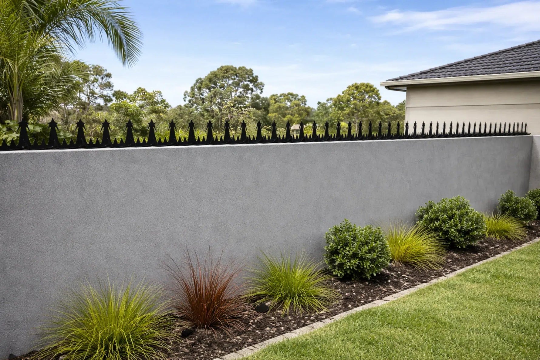 Neatly maintained garden with a concrete wall, grass, and shrubs on a clear day.