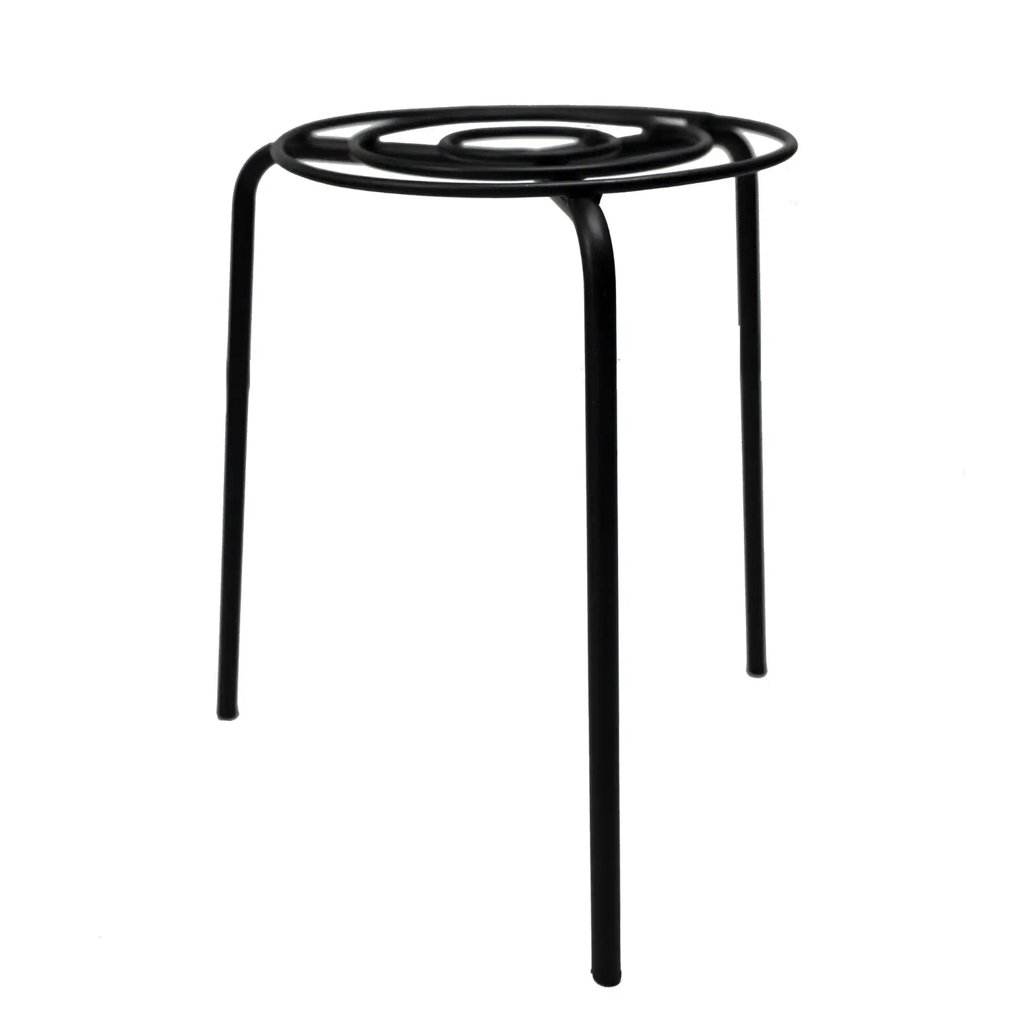 Black metal side table with spiral design on a white background