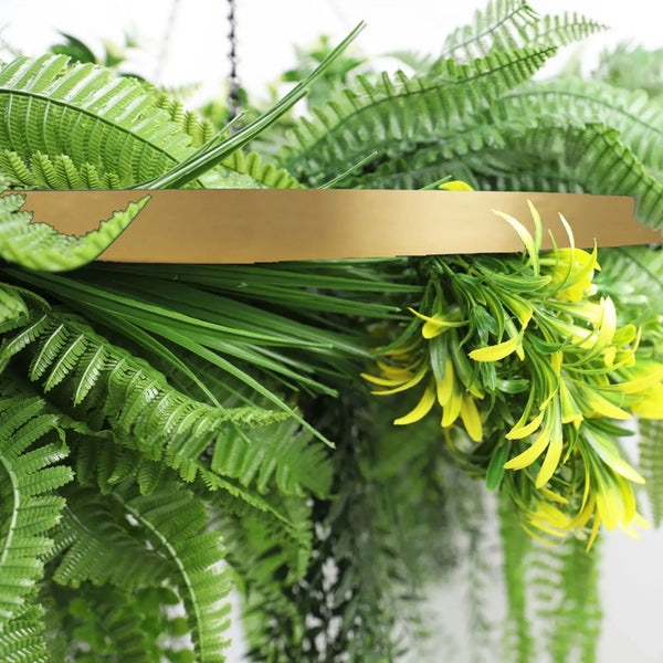 Gold Artificial Hanging Plant Disc Chandelier with Trailing Fern Foliage — 80cm UV Resistant — gallery image 4
