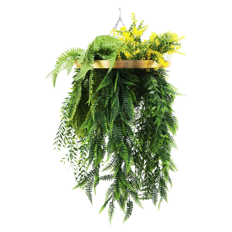 Gold Artificial Hanging Plant Disc Chandelier with Trailing Fern Foliage — 80cm UV Resistant