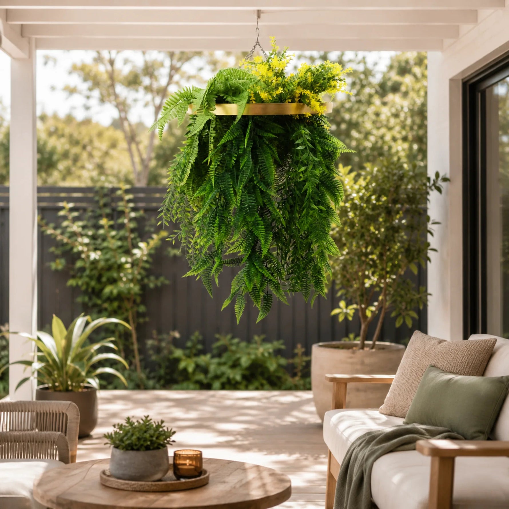 Hanging fern plant in a garden setting with outdoor furniture and plants.