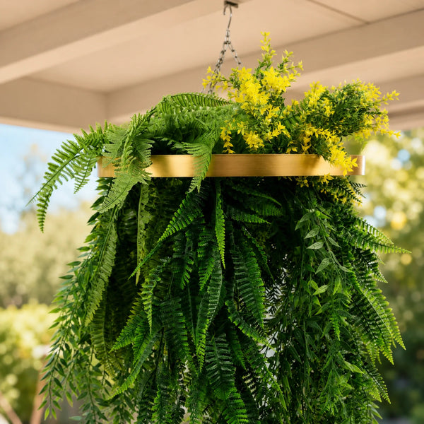 Gold Artificial Hanging Plant Disc Chandelier with Trailing Tropical Foliage — 40cm UV Resistant — gallery image 11