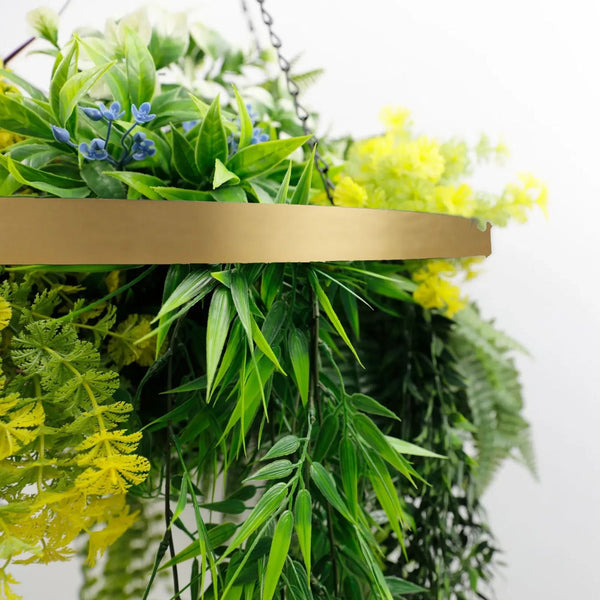 Elegant Gold Hanging Disc with Draping Ferns & Tropical Greenery – 60cm UV Protected