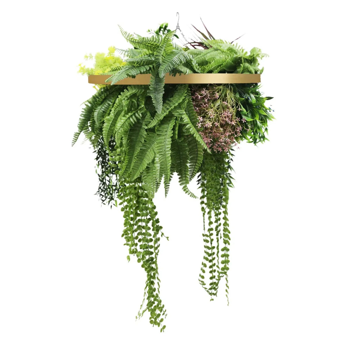 draping hanging plants Gold Artificial Hanging Plant Disc Chandelier with Trailing Tropical F – Designer Vertical Gardens