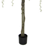Potted plant with decorative branches and hanging flowers on a white background