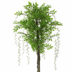 Artificial wisteria tree with green leaves and white flowers on a white background