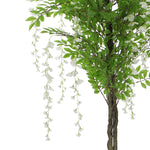Artificial wisteria tree with green leaves and white flowers on a white background