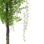 Artificial wisteria plant with green leaves and white flowers on a white background