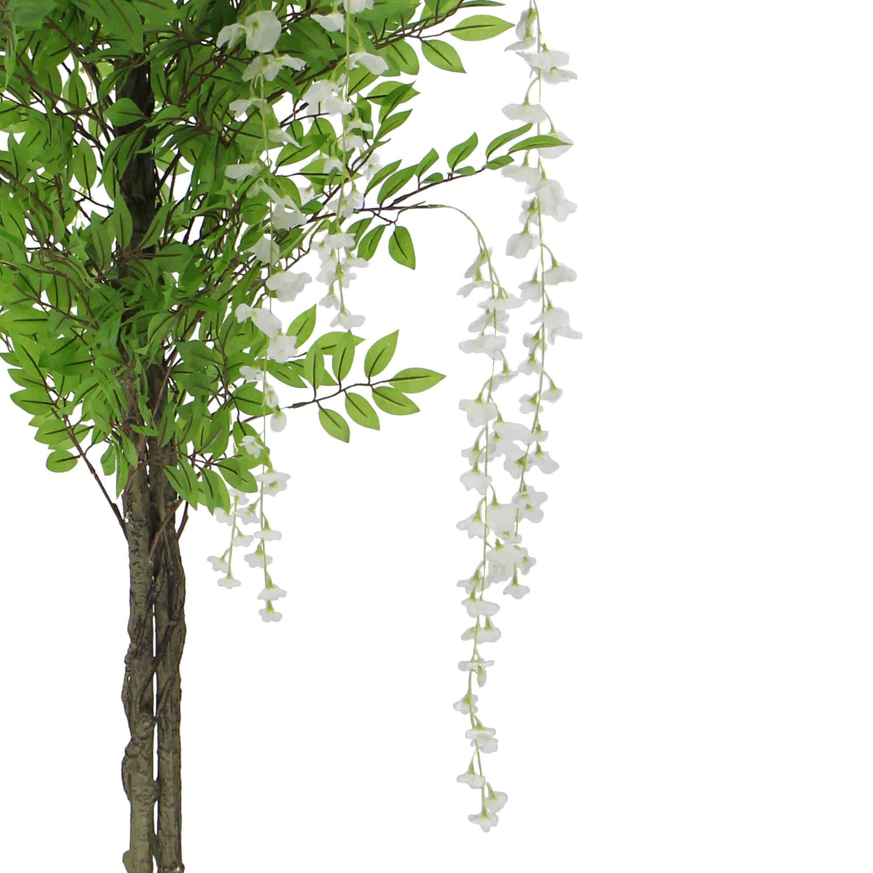 Artificial wisteria plant with green leaves and white flowers on a white background