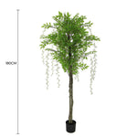 Artificial potted tree with green leaves and white flowers, 180cm tall, on a white background