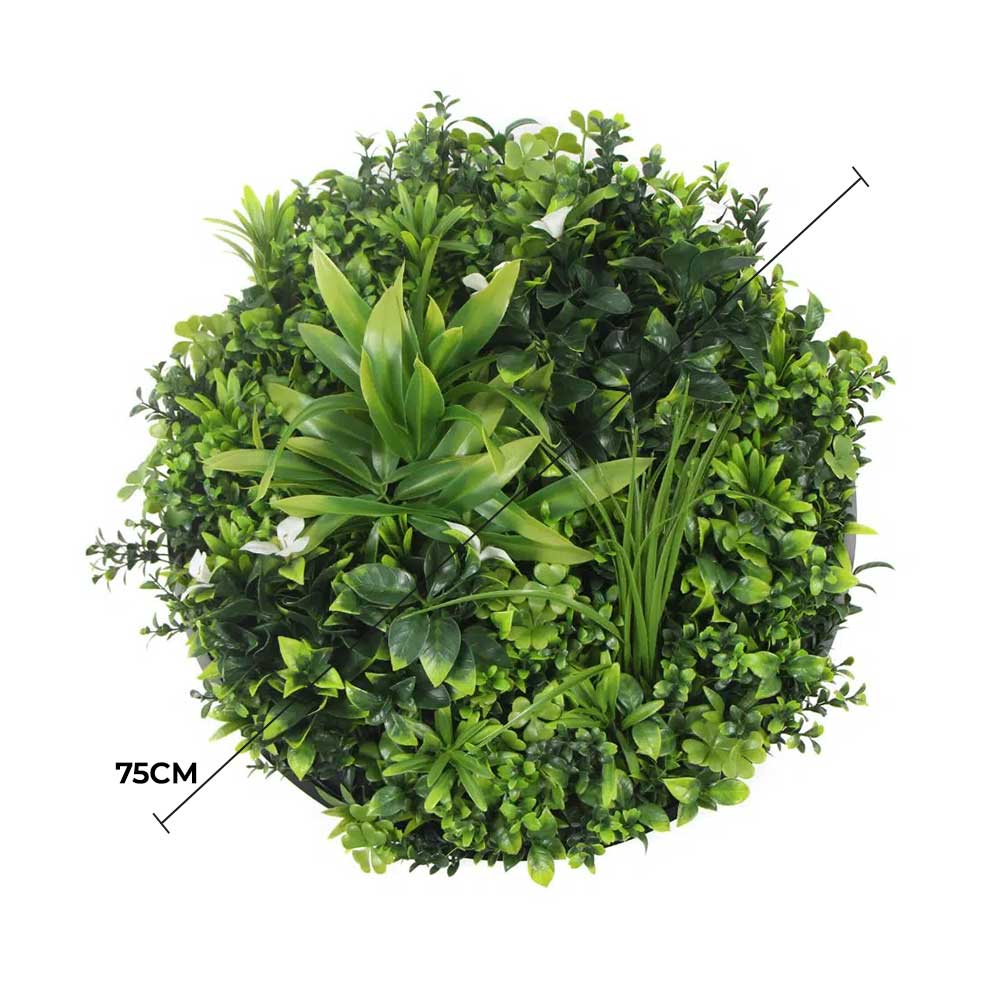 Artificial green bush with a measurement label on a white background