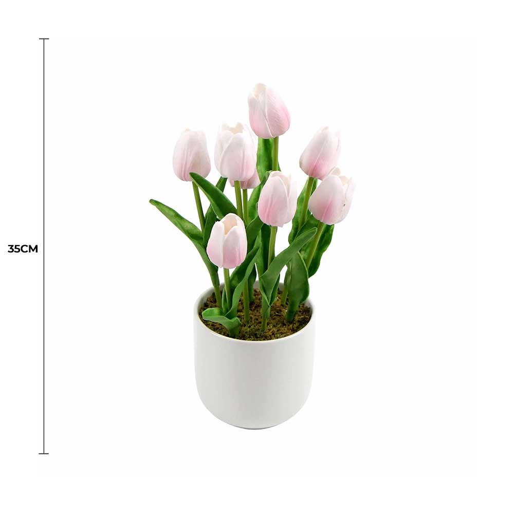 Flowering Pink Artificial Tulip Plant Arrangement With Ceramic Bowl 35cm — gallery image