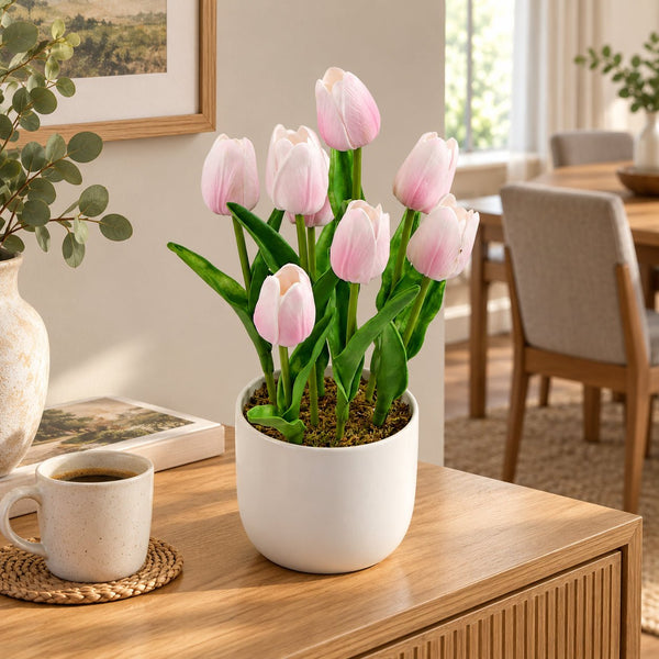 Flowering Pink Artificial Tulip Plant Arrangement With Ceramic Bowl 35cm — gallery image 10