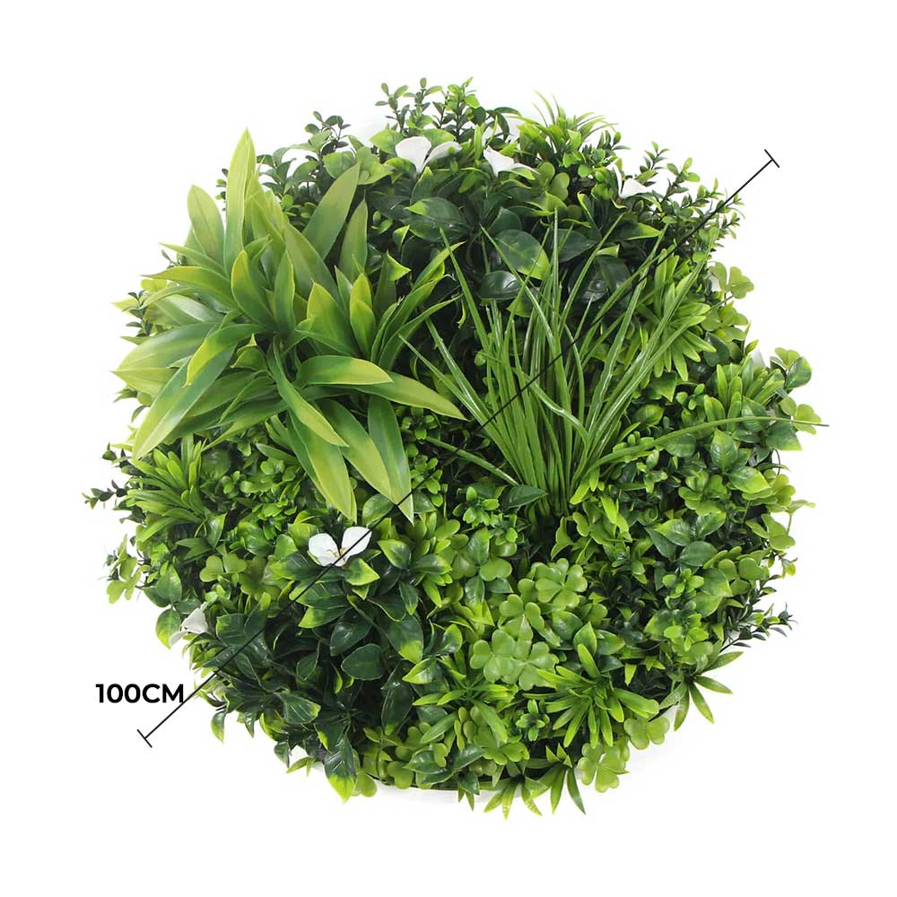 Artificial greenery ball with a size indicator on a white background