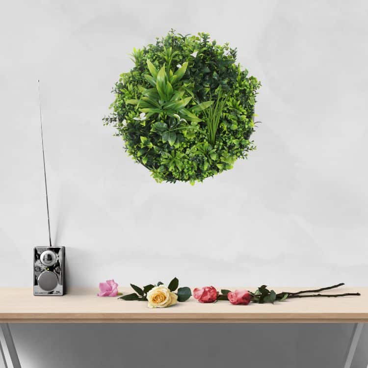 Flowering White Artificial Green Wall Disc UV Resistant 50cm (Black Frame) - Designer Vertical Gardens artificial garden wall plants artificial green wall australia