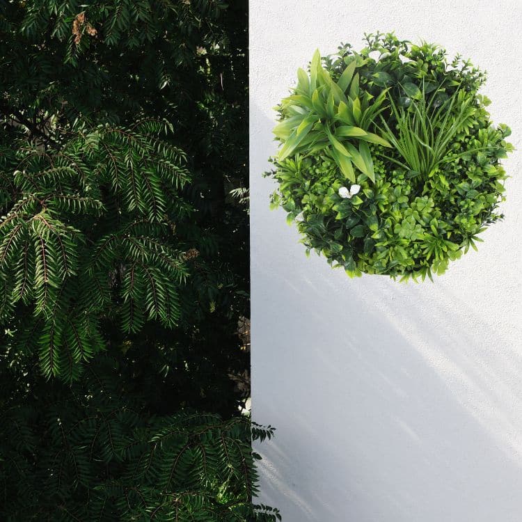 Flowering White Artificial Green Wall Disc UV Resistant 50cm (Black Frame) - Designer Vertical Gardens artificial garden wall plants artificial green wall australia