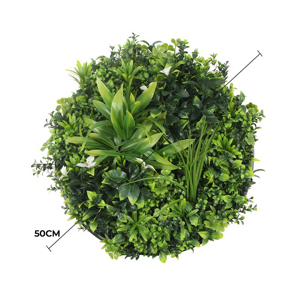 Flowering White Artificial Green Wall Disc UV Resistant 50cm (Black Frame) - Designer Vertical Gardens artificial garden wall plants artificial green wall australia