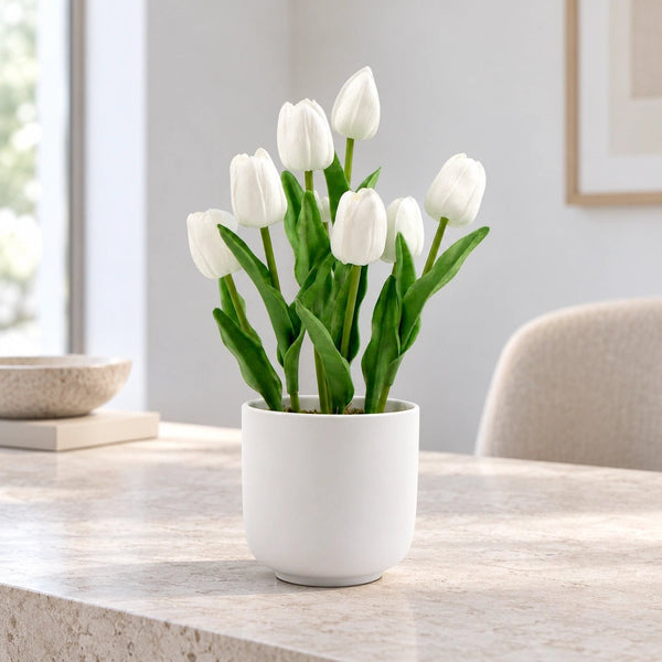 Flowering White Artificial Tulip Plant Arrangement With Ceramic Bowl 35cm — gallery image 10