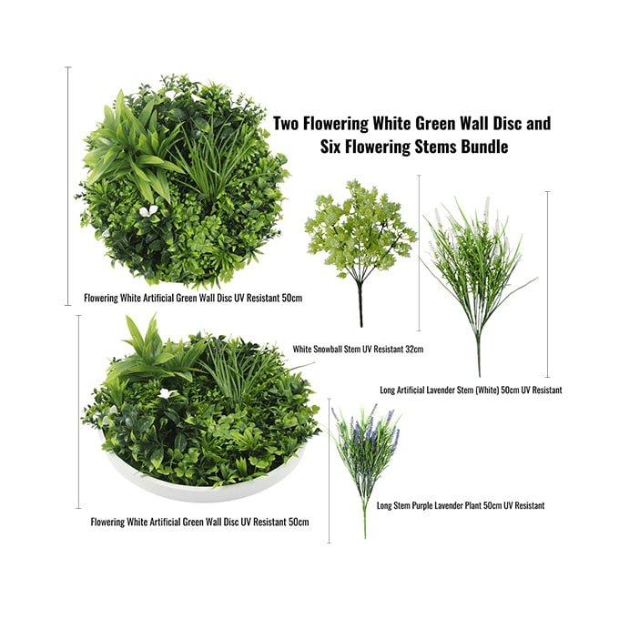 Bundled artificial plants with dimensions and product details on a white background