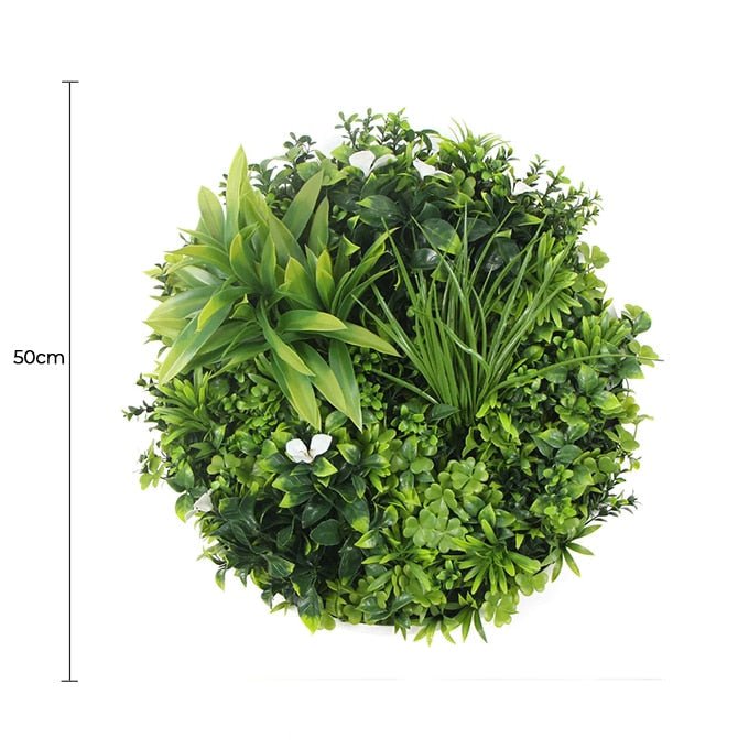 Artificial green plant ball with dimensions on a white background