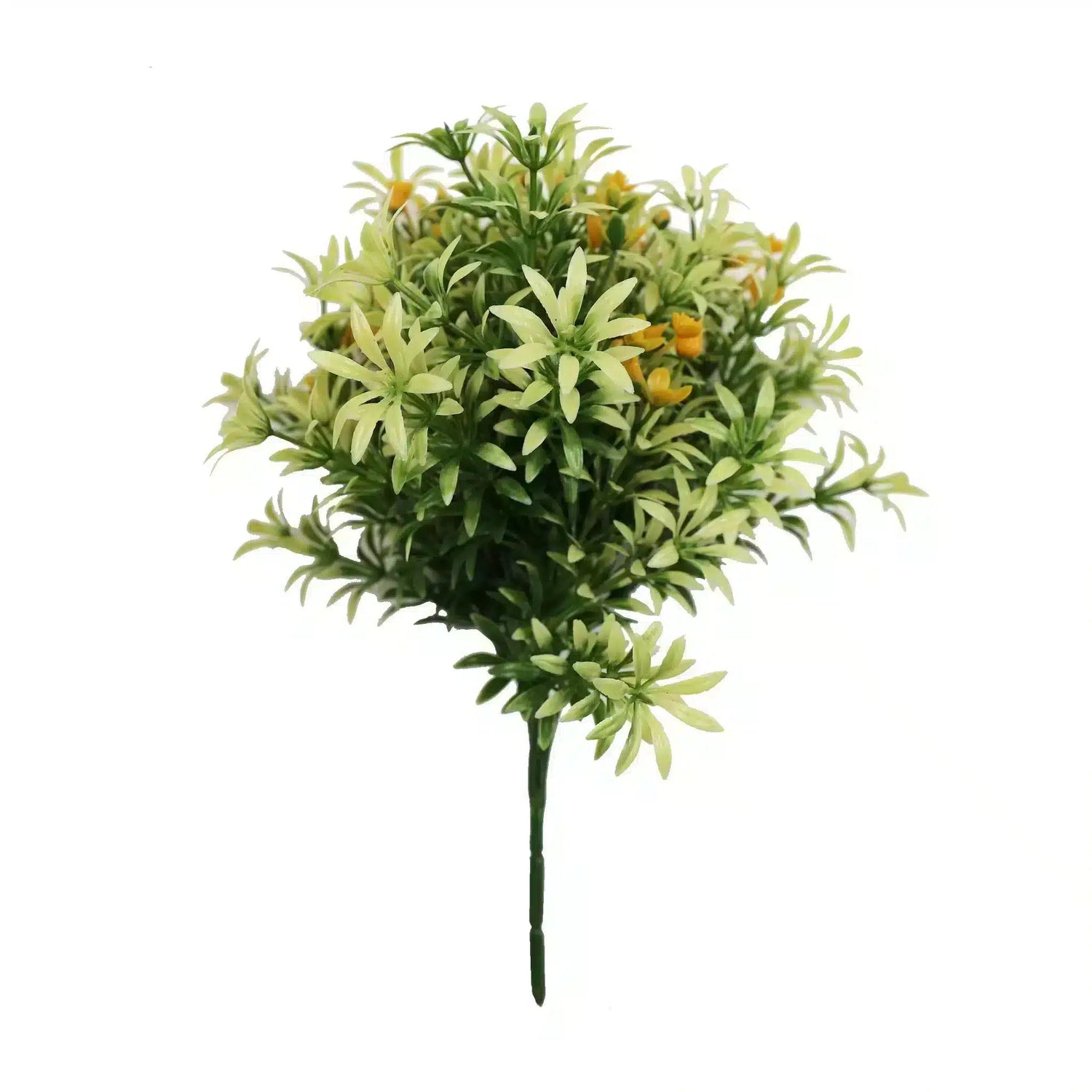Artificial green bush with yellow flowers on a white background