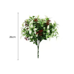 Artificial green leafy branch with red accents and measurement label on a white background